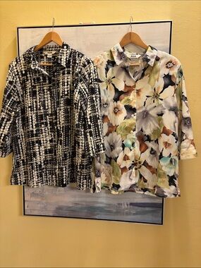 Alia Dot and Floral Print Button Down Blouses, Set of Two